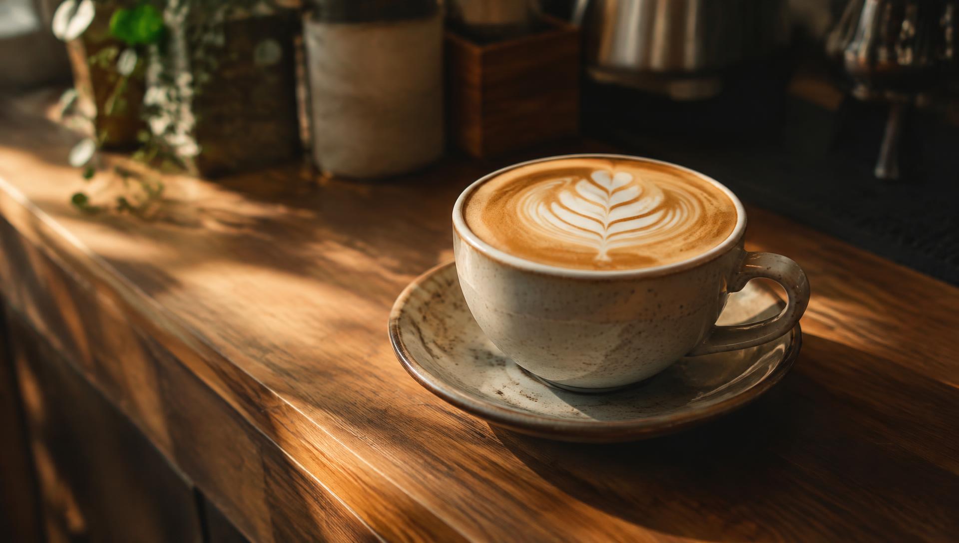 Latte on a wooden café counter